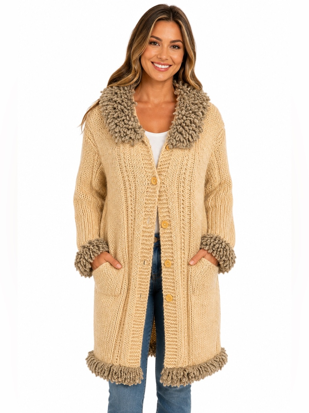 Inka’s World Vintage 100% Wool Long Chunky Knit Cardigan Coat Made in Ecuador